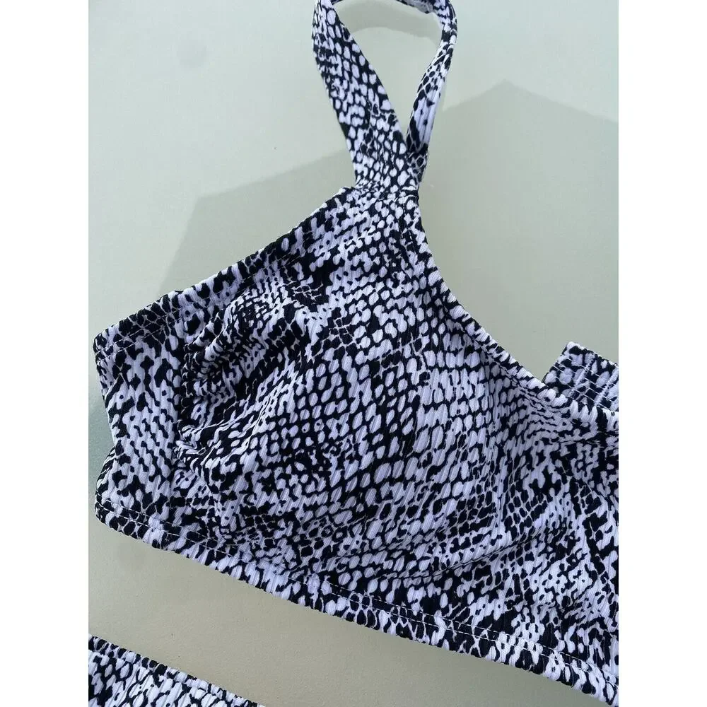 Exhilaration Black/ White Snake Print 2pc Bikini Womens MED High Waisted Bottom‎